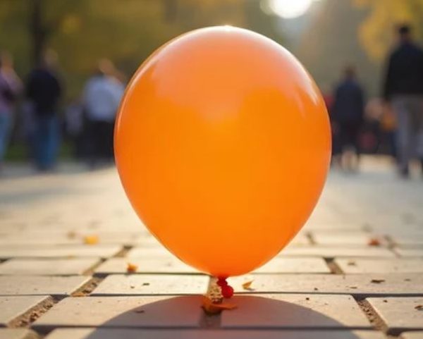 Orange balloon on a pavement with blurred people in the background. 